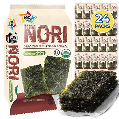 KIMNORI Seasoned Seaweed Snacks Sheets - Organic Korean BBQ Flavor 24 Individual Packs Roasted Crispy Premium 100% Natural Laver Kim Nori 4g 0.14 Ounce