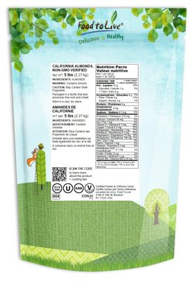 Food to Live - California Almonds, 5 Pounds - Supreme, Whole, Raw, Unsalted, Unroasted Nuts, Natural. Kosher, Vegan
