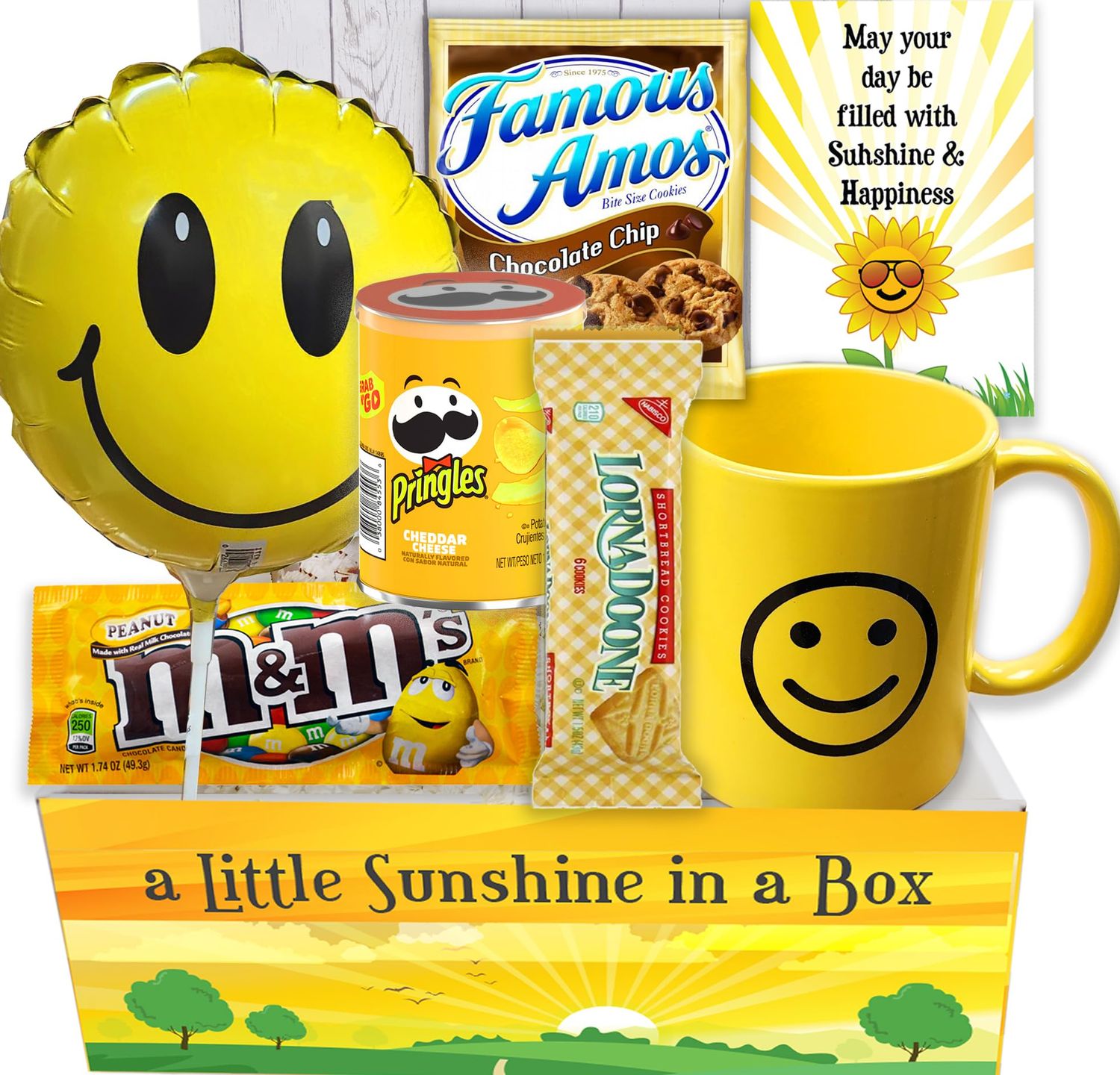 Thinking of You, Cheer Up CARE PACKAGE, Happy YELLOW Gift Basket Sending Sunshine gift package w/Balloon, Mug &amp; Snacks  For Kids Teenage, college students, Women, sister birthday gift variety box