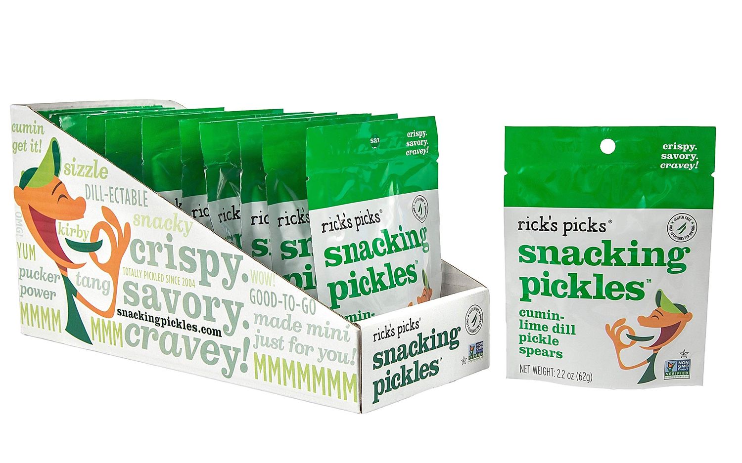 Ricks Picks Snacking Pickles, Cumin-Lime Dill Pickle Spears; Gluten-Free, Vegan, Non-GMO Project Verified, Kosher, Healthy Snack On-the-Go; Tray of 12 Pouches