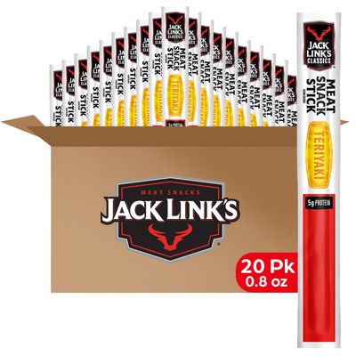 Jack Links Classics Meat Sticks, Teriyaki - Protein Snack, Meat Snack Sticks with 5g of Protein, Made with Beef &amp; Pork, Keto Friendly, Individually Wrapped - 0.8 Oz. (Pack of 20)
