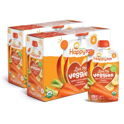 Happy Tot Organics Stage 4 Baby Food Pouches, Gluten Free, Vegan Snack, Love My Veggies, Fruit &amp; Veggie Puree, Carrot, Banana, Mango &amp; Sweet Potato, 4.22 Ounce (Pack of 8)