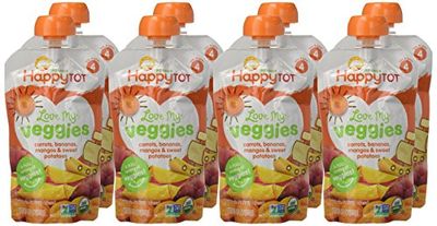 Happy Tot Organics Stage 4 Baby Food Pouches, Gluten Free, Vegan Snack, Love My Veggies, Fruit &amp; Veggie Puree, Carrot, Banana, Mango &amp; Sweet Potato, 4.22 Ounce (Pack of 8)