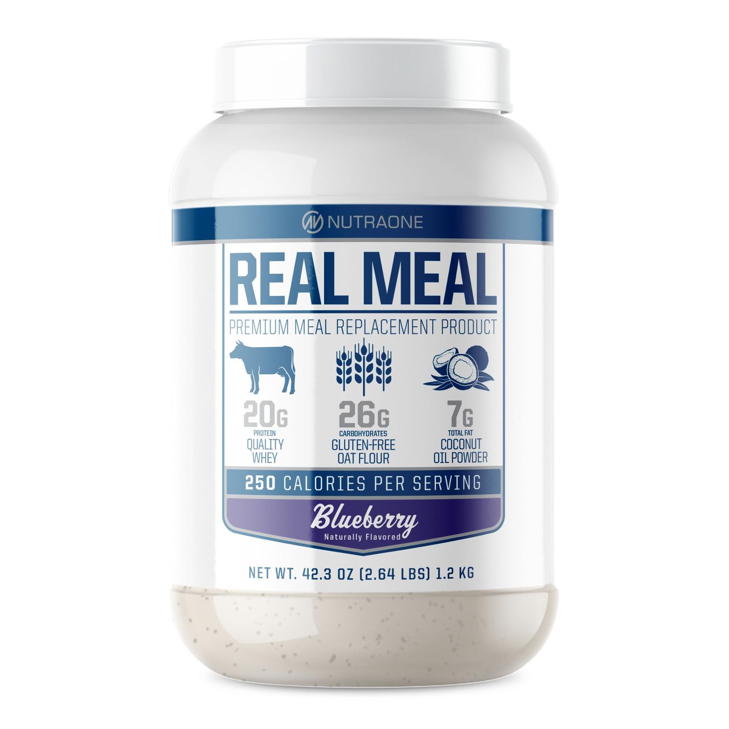 Real Meal by NutraOne - Perfect Meal Replacement Powder for Everyday Goals  Including Whey Protein, Coconut Oil, and Gluten-Free Oats (Blueberry - 2.6 lbs.)