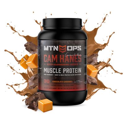 MTN OPS Cameron Hanes Keep Hammering Whey Protein Powder, Chocolate Caramel Flavor, 30 Servings