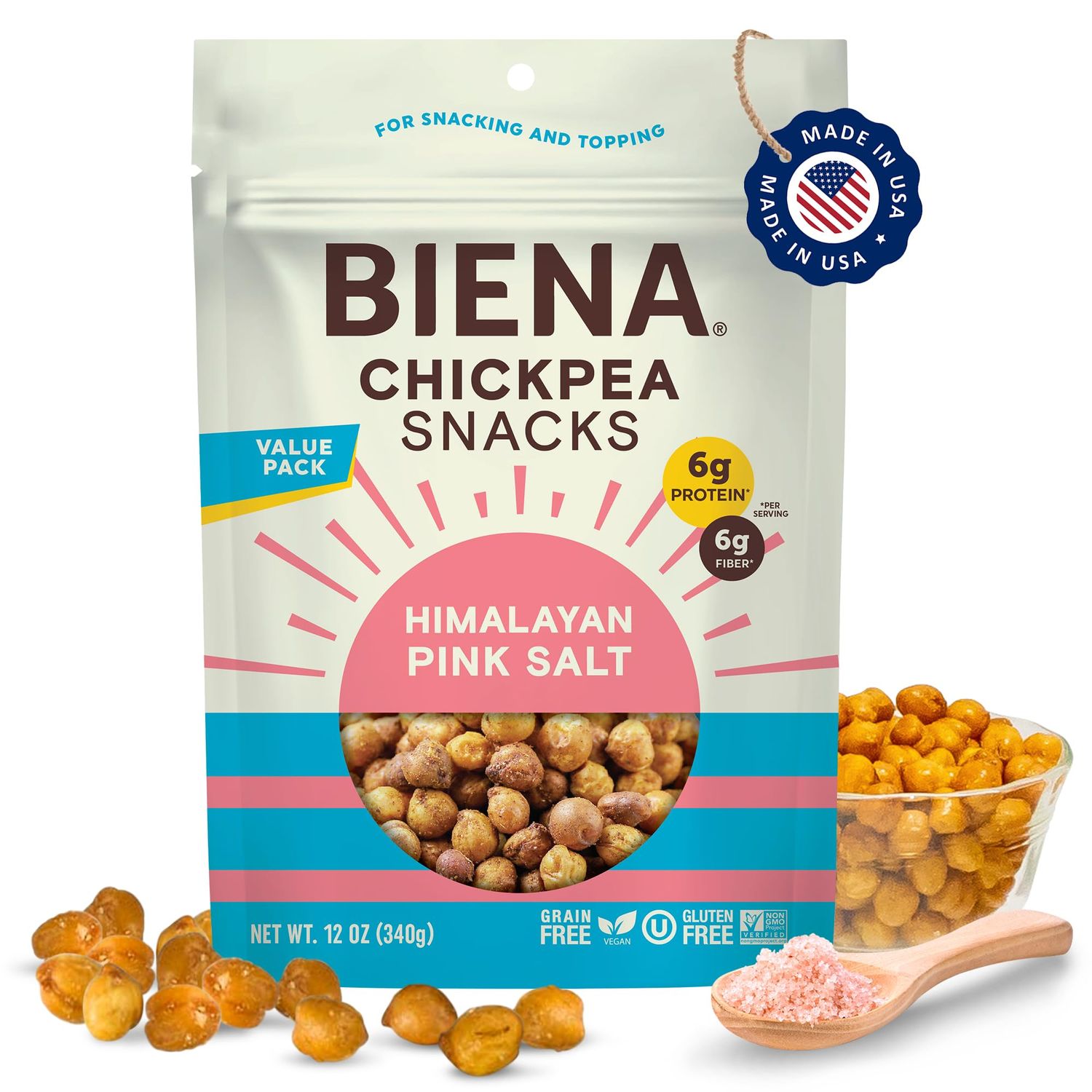 BIENA Chickpea Snacks - Crunchy Roasted Chickpeas - High Fiber Vegan Protein Snacks for Adults and Kids - Individual Pack - Himalayan Pink Salt