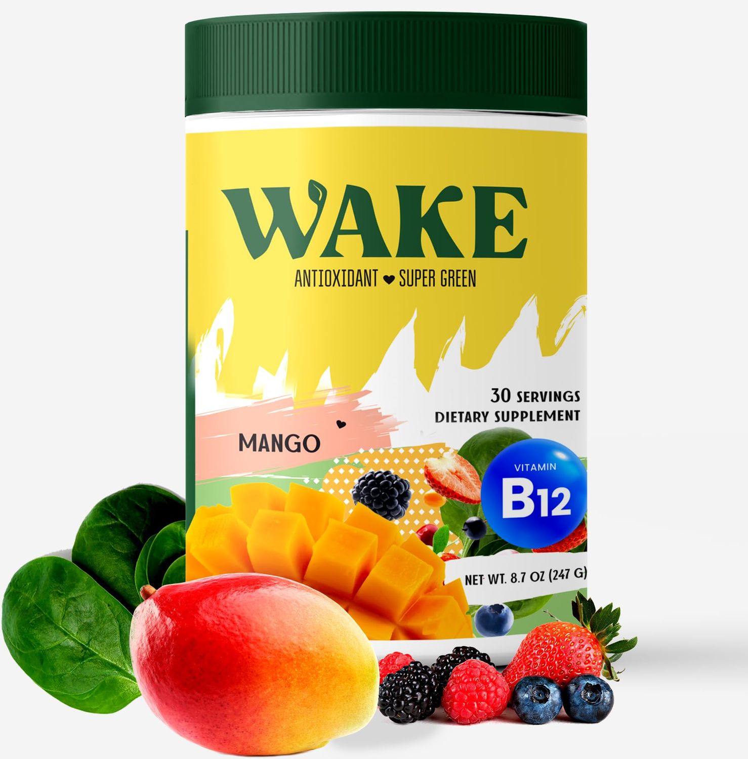 Wake Antioxidant Super Greens, Best Natural Powder Superfood, Spirulina &amp; Chlorella, Vitamin B12, Non-GMO Vegan Drink, Juice &amp; Smoothie Blend, Enzymes, Probiotics, Acai Berry &amp; Camu Camu