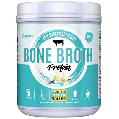 Zammex Bone Broth Protein Powder, Pure Grass Fed Beef, Vanilla Protein Powder,Hydrolyzed Collagen Supplement for Healthy Skin,Nails,Hair,Joints, Non-GMO,Gluten Free, Great in Shakes