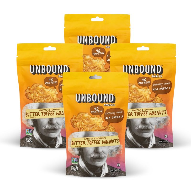 Unbound Snacks Flavored Nuts - Butter Toffee Walnuts, 4 oz (Pack of 4) - Healthy Snacks, 4g Protein, 3g Sugar, High in Omega 3, Gluten Free, Vegan - Freshly Roasted &amp; Seasoned Gourmet Walnut Halves