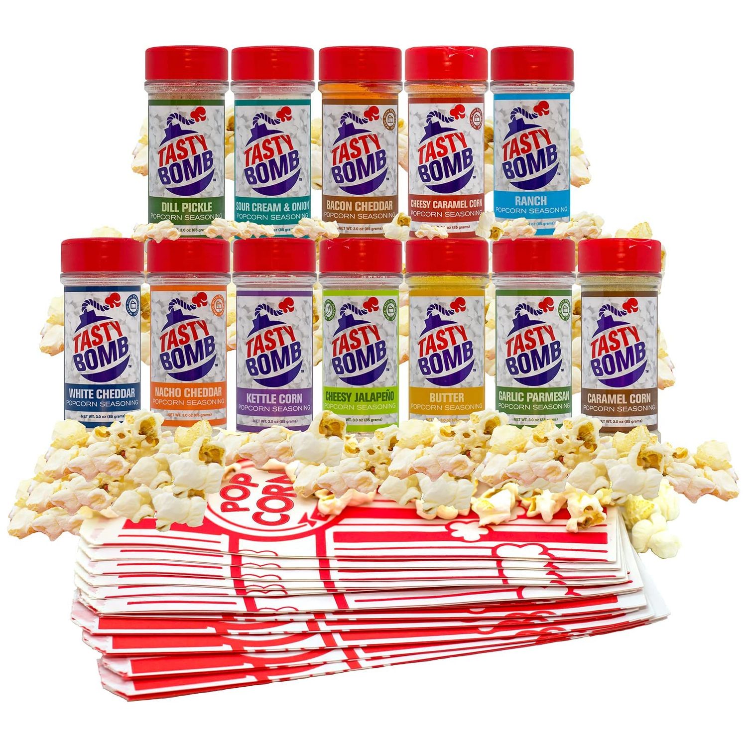 Flavorful Popcorn Seasoning Variety Pack - 12 Seasonings in White Cheddar Cheese, Ranch, Sour Cream - Gluten-Free Keto Snack for Movie Nights &amp; Gifts by Tasty Bomb, 2.8-3 Oz.