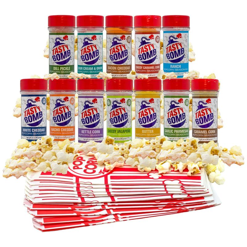 Flavorful Popcorn Seasoning Variety Pack - 12 Seasonings in White Cheddar Cheese, Ranch, Sour Cream - Gluten-Free Keto Snack for Movie Nights &amp; Gifts by Tasty Bomb, 2.8-3 Oz.
