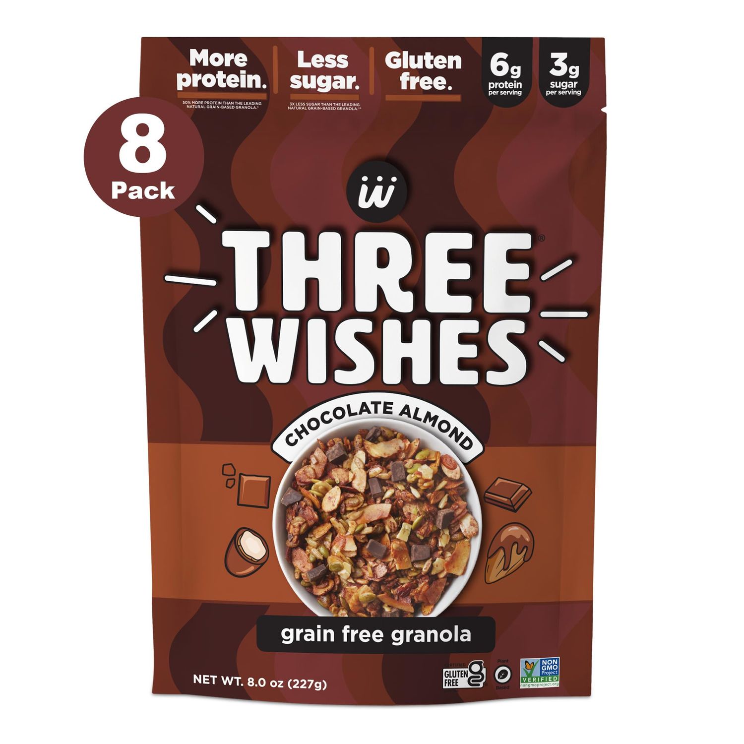 Three Wishes Granola, Chocolate Almond (8-Pack) - Gluten Free Granola, 6g Protein &amp; 3g Sugar Healthy Breakfast &amp; On-the-Go Snack - Vegan, Kosher &amp; Grain-Free
