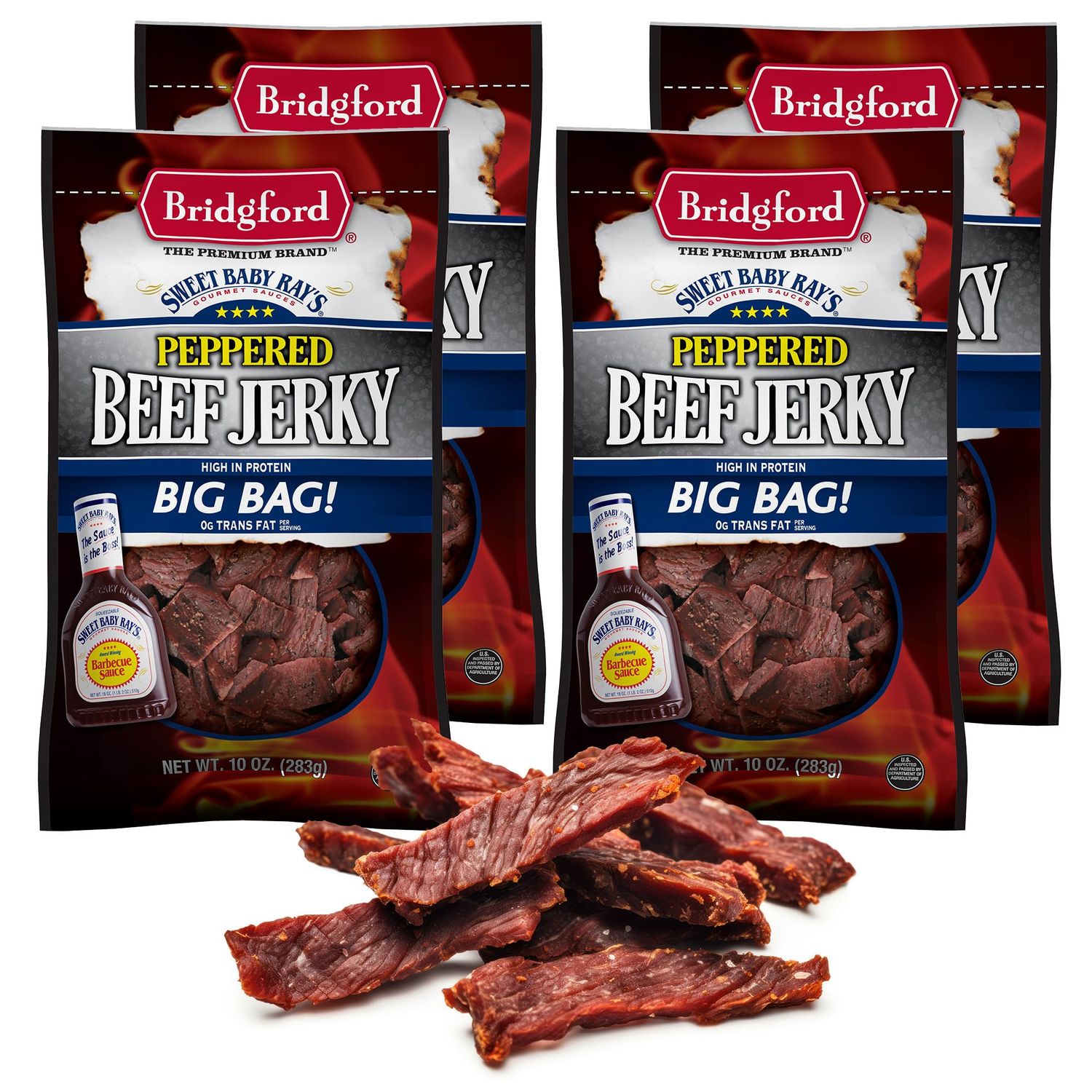 Bridgford Sweet Baby Rays Beef Jerky Peppered 10 oz Pack of 4 - Healthy Peppered Beef Jerky for Your Dietary Preferences - Ready-to-Eat Snacks for On-the-Go Snacking and Busy Lifestyles