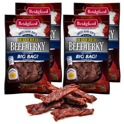 Bridgford Sweet Baby Rays Beef Jerky Peppered 10 oz Pack of 4 - Healthy Peppered Beef Jerky for Your Dietary Preferences - Ready-to-Eat Snacks for On-the-Go Snacking and Busy Lifestyles
