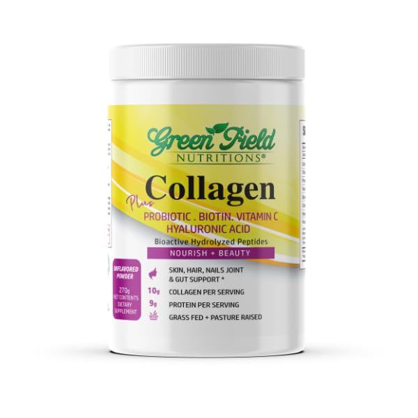 Greenfield Nutritions Halal Collagen Peptides Powder - 9g Halal Protein Probiotic, Biotin, Hyaluronic Acid &amp; Vitamin C - 270g Halal Collagen for Women &amp; Men - Supports Hair, Skin, Nails, Joints &amp; Gut