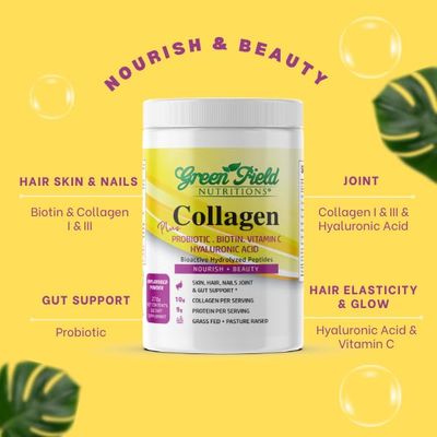 Greenfield Nutritions Halal Collagen Peptides Powder - 9g Halal Protein Probiotic, Biotin, Hyaluronic Acid &amp; Vitamin C - 270g Halal Collagen for Women &amp; Men - Supports Hair, Skin, Nails, Joints &amp; Gut