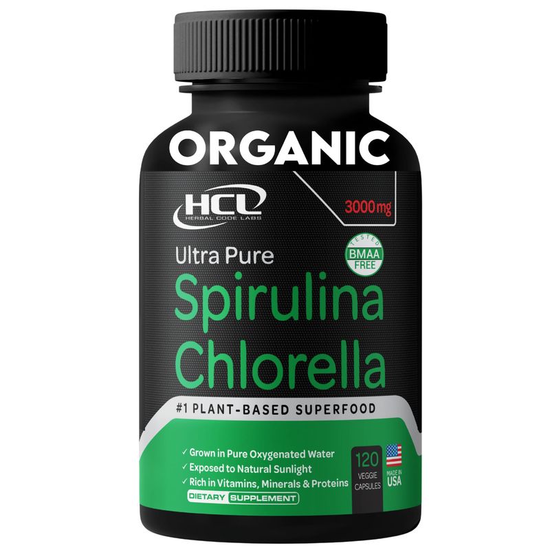Chlorella Spirulina Powder Capsules Organic 3000 mg of BMAA Free Purest Blue Green Algae - Best Natural Detox Raw Vegan Vitamins Protein Green Superfood - Made in USA