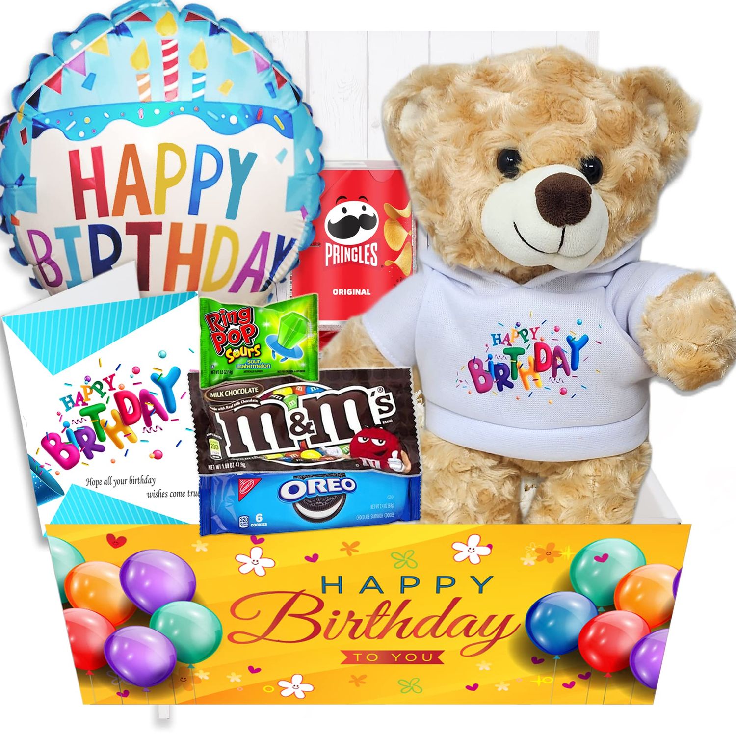 Birthday Gift Basket  Care Package for kids w/Teddy Bear, Happy Birthday Balloon &amp; Greeting card, Candy &amp; Snacks. The ultimate variety gift box for boy, girl, teenager, Grandson or Granddaughter
