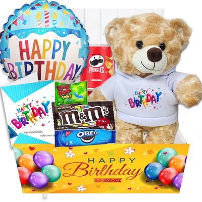 Birthday Gift Basket  Care Package for kids w/Teddy Bear, Happy Birthday Balloon &amp; Greeting card, Candy &amp; Snacks. The ultimate variety gift box for boy, girl, teenager, Grandson or Granddaughter