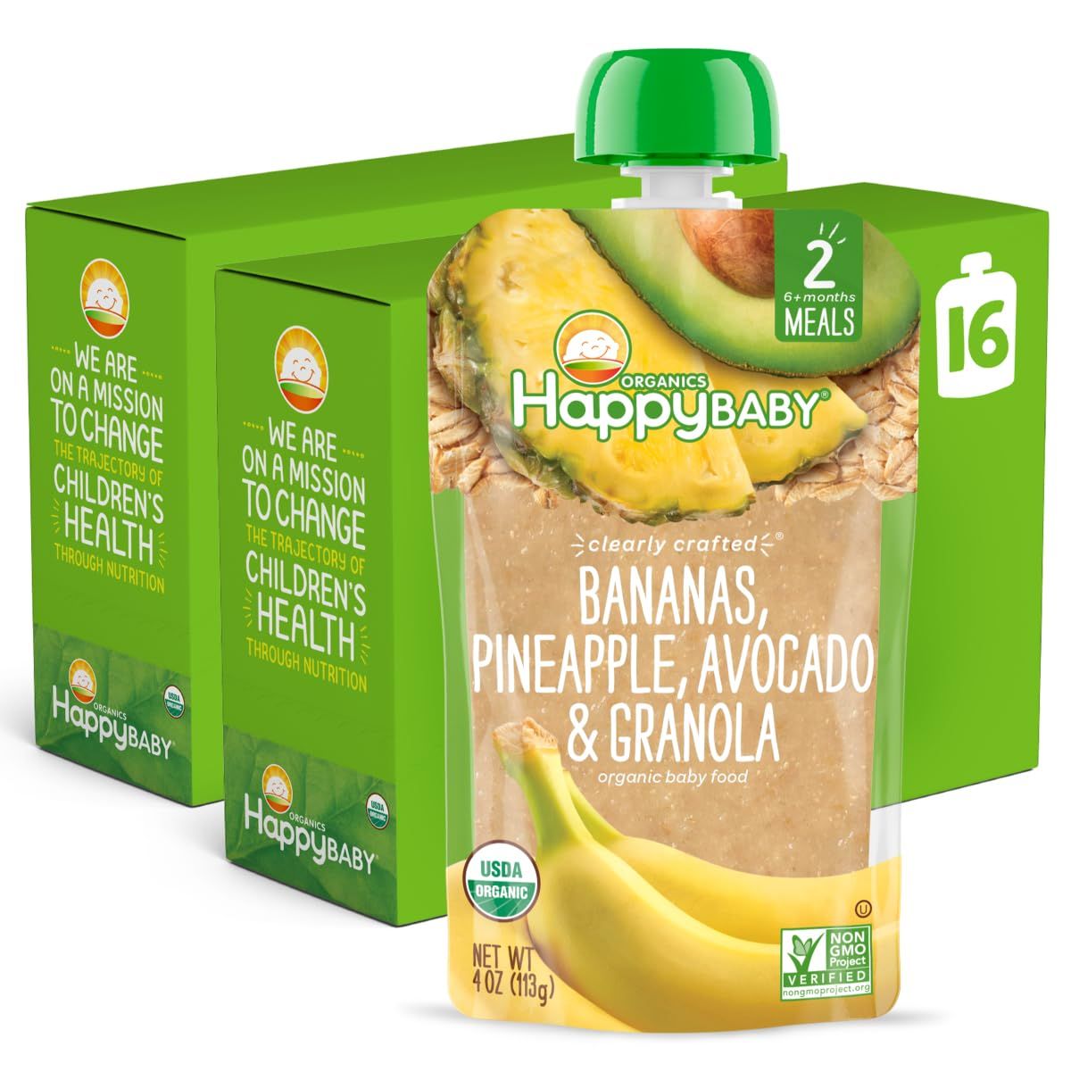 Happy Baby Organics Stage 2 Baby Food Pouches, Gluten Free, Vegan &amp; Healthy Snack, Clearly Crafted Fruit &amp; Veggie Puree, Bananas, Pineapples, Avocado &amp; Granola, 4 Ounces (Pack of 16)