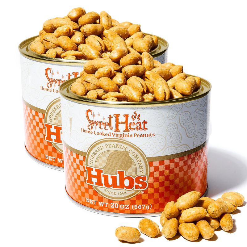 Hubs Peanuts Sweet Heat Seasoned Peanuts - Healthy Snacks Premium Flavored Virginia Peanut - Spicy Sweet Chili Pepper - Vacuum-Sealed Tin - 2 Packs of 20 oz Cans