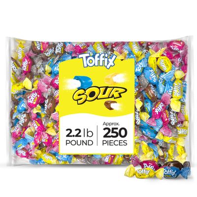 Toffix Sour Chews, Center-Filled Soft Chewy Candy, 250 Pieces of Individually Wrapped Snacks for Kids &amp; Adults, Strawberry, Blueberry, Lemon &amp; Cola Flavored Chewy Candies - 2 Pound Bulk Bag