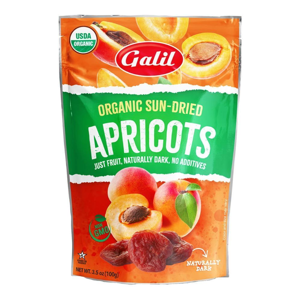 Galil Organic Sun-Dried Apricots, 3.5 oz (Pack of 4) - USDA Organic, Non-GMO, No Added Sugar, High-Fiber, Vegan, Gluten-Free, Resealable Bags, Healthy Snack for Lunchboxes, Cooking, or On-The-Go