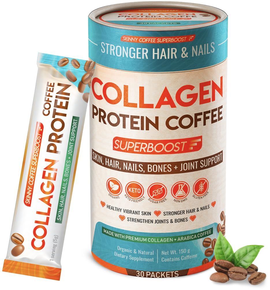 Collagen Protein Peptides Powder - Organic Protein Coffee for Men &amp; Women, Promotes Glowing Skin, Lose Weight, Hair, Nails, Bone &amp; Joint, Muscles, Superboost Supplement (30 Servings)