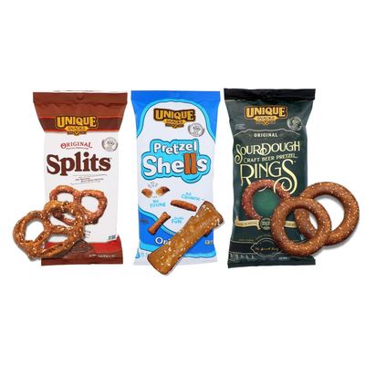 Unique Snacks Variety Pack with Original Splits Pretzels, Shells, and Sourdough Craft Beer Rings, Delicious Homestyle-Baked Snack Bags, Vegan, OU Kosher, and Non-GMO Food, Pack of 3