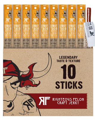 Righteous Felon Meat Sticks  100% Pork Sticks  Gluten Free &amp; Keto Meat Sticks  Low Sugar &amp; High Protein Pork Sticks  Healthy Snack for Adults  Jerky Gifts for Men  Street Taco, 10 Pack