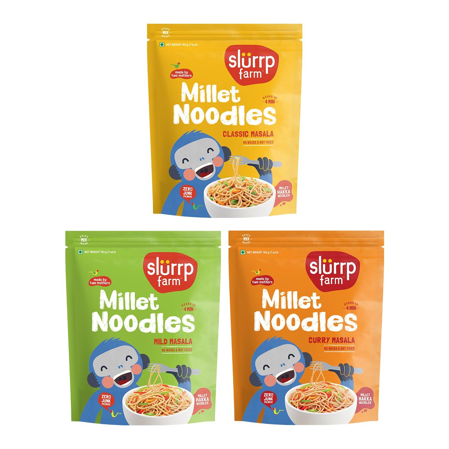 Slurrp Farm No Maida Noodles Combo  Not Fried, No MSG  Foxtail Millet, Little Millet, Curry Masala  Pack of 3 X 192 g