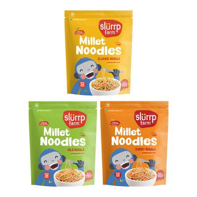 Slurrp Farm No Maida Noodles Combo  Not Fried, No MSG  Foxtail Millet, Little Millet, Curry Masala  Pack of 3 X 192 g