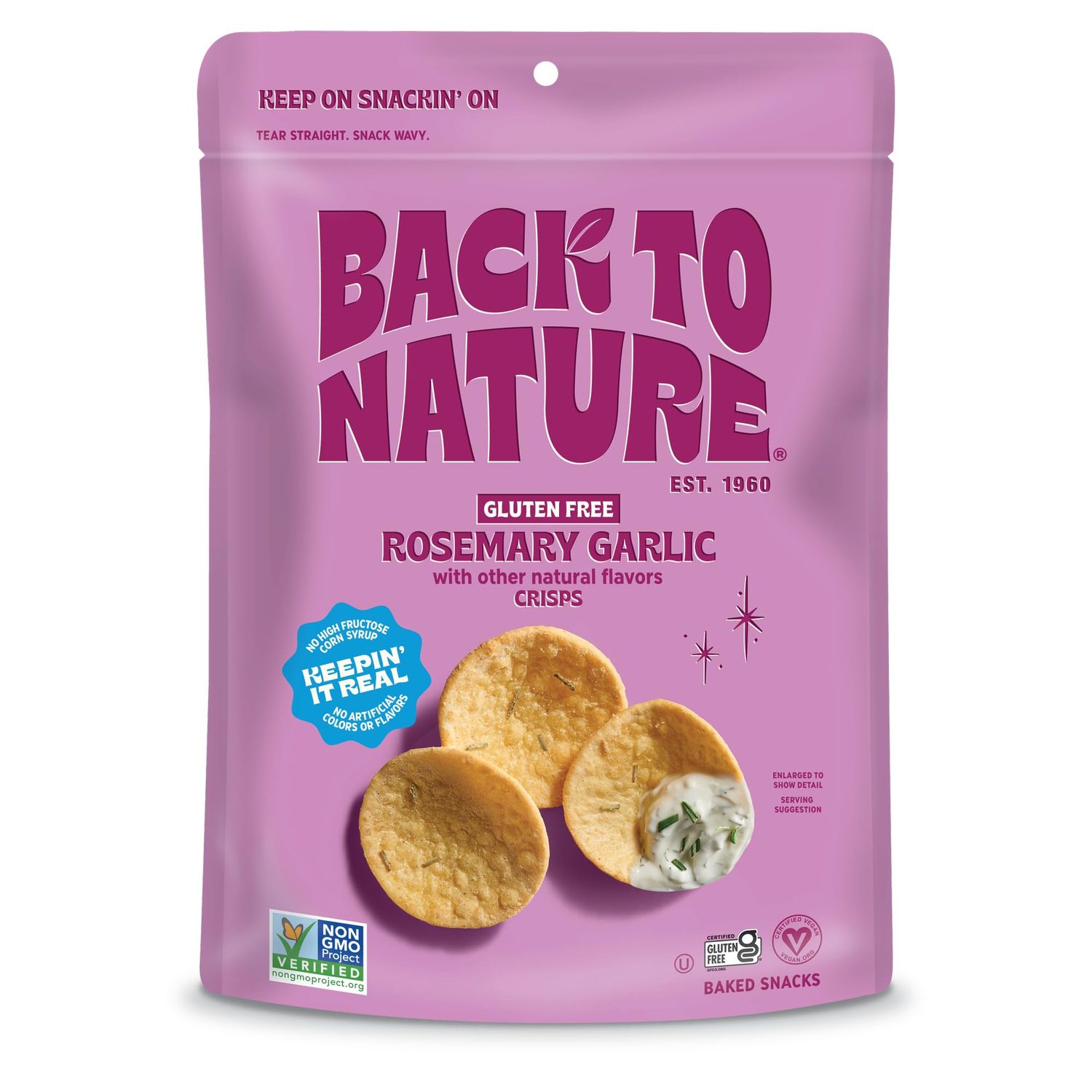 Back to Nature Gluten Free Crackers, Rosemary Garlic Dipper Crisps - Vegan, Non-GMO, Crackers for Dipping - Delicious &amp; Quality Snacks, 3.2 Ounce (Pack of 6)
