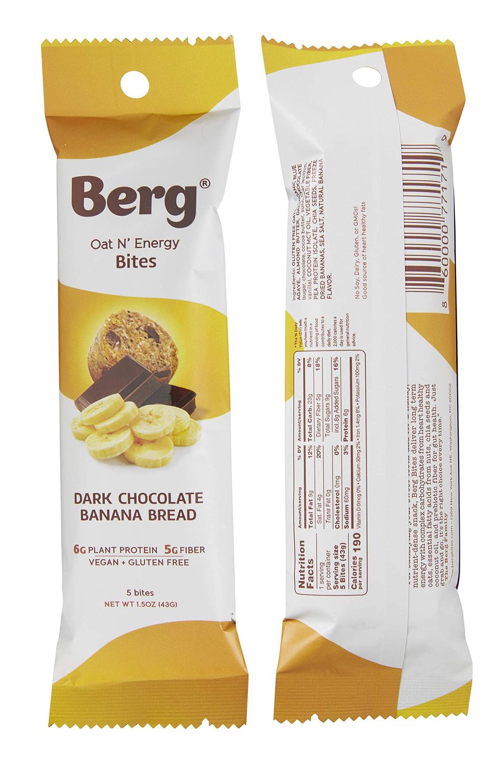 Berg Oat N&#39; Energy Bites - Dark Chocolate Banana Bread - Non-GMO, Gluten Free, Dairy Free, Soy Free and Vegan - Clean Energy Snack - 1.5oz, (8 Pack)