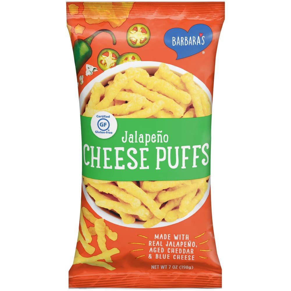 Barbara&#39;s Jalapeno Cheese Puffs, Cheese Puffed Kids Snack Made With Real Aged Cheddar and Blue Cheese, Gluten Free Snack, 7 OZ Bag