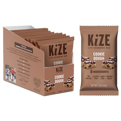KiZE Energy Bar, Cookie Dough, 8 Ingredients, 10g Protein, Clean &amp; Simple Real Food, Gluten Free, Non-GMO, Dairy Free, Soy Free, Mission Based, High Protein Snacks (10 Count)