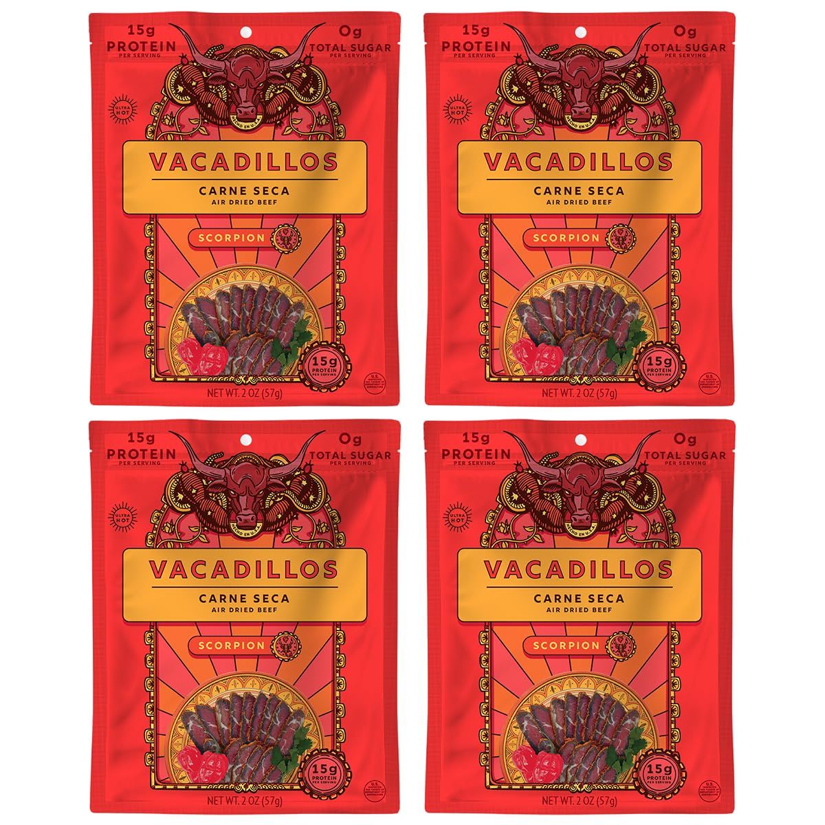 Vacadillos - High Protein Carne Seca  30g Protein, Sugar Free, Carbs Free, Gluten Free, Dairy Free, Keto &amp; Paleo Friendly  Mexican Inspired Beef Jerky Snack  Scorpion, Pack Of 4
