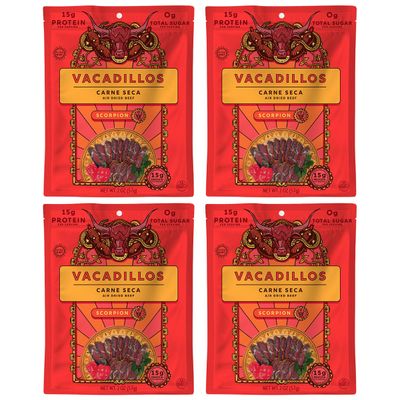 Vacadillos - High Protein Carne Seca  30g Protein, Sugar Free, Carbs Free, Gluten Free, Dairy Free, Keto &amp; Paleo Friendly  Mexican Inspired Beef Jerky Snack  Scorpion, Pack Of 4