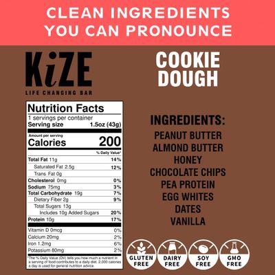 KiZE Energy Bar, Cookie Dough, 8 Ingredients, 10g Protein, Clean &amp; Simple Real Food, Gluten Free, Non-GMO, Dairy Free, Soy Free, Mission Based, High Protein Snacks (10 Count)