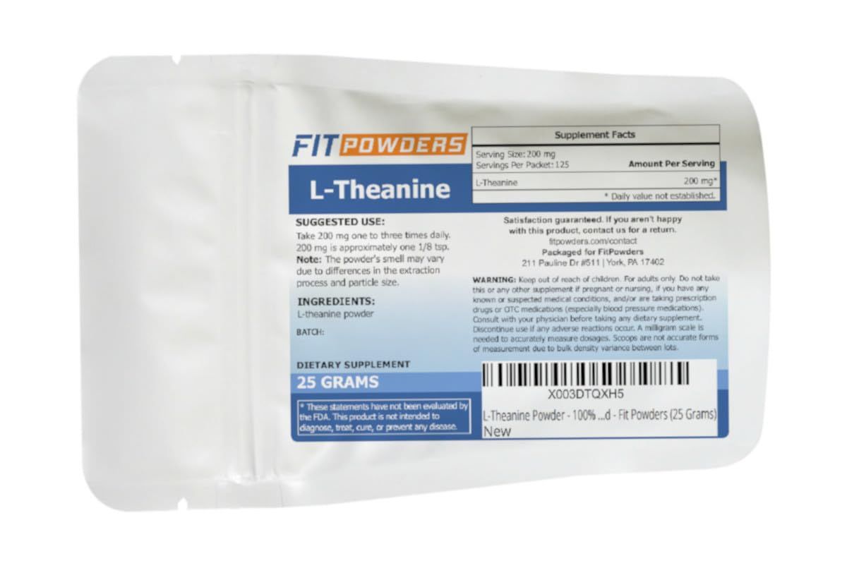 FitPowders L-Theanine Powder 100% Pure, Non-GMO, Vegan, Gluten Free Theanine Powder Supplement (Multiple Sizes) Mood and Cognitive, Stress Relief and Relaxation, Scoop Included (25 Grams)