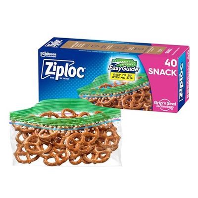 Ziploc Snack Bags with EasyGuide Texture, Small Plastic Storage Bags with Grip &#39;N Seal Technology, 40 Bags Total