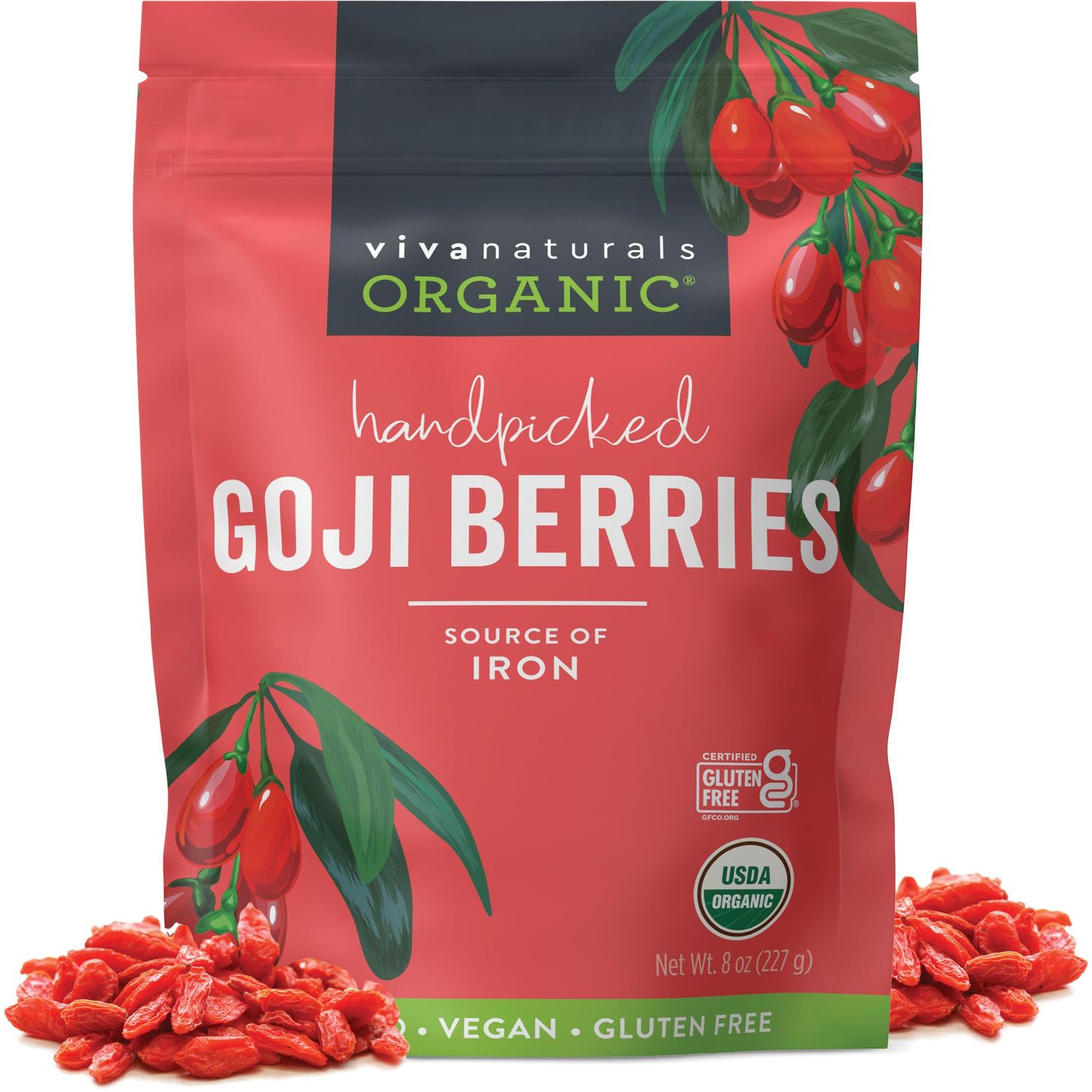 Organic Dried Goji Berries, 8 oz Non-GMO and Vegan Organic Berries, Dried Berries Perfect for Goji Berry Powder, Tea, Smoothies, Baking and Snacks, Goji Berries Organic Dried (227 g)