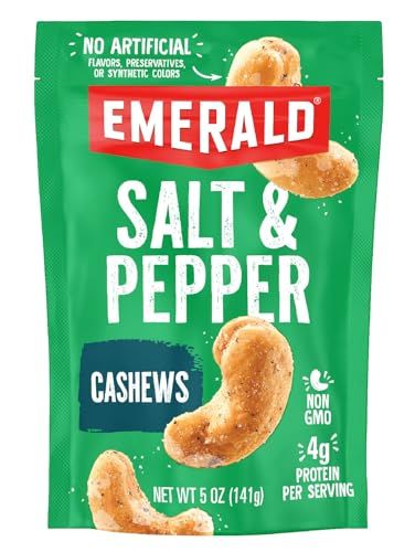 Emerald Nuts Salt and Pepper Seasoned Cashews (1-Pack), 5oz Resealable Bag, Kosher Certified, Non-GMO, Contains No Artificial Preservatives, Flavors or Synthetic Colors