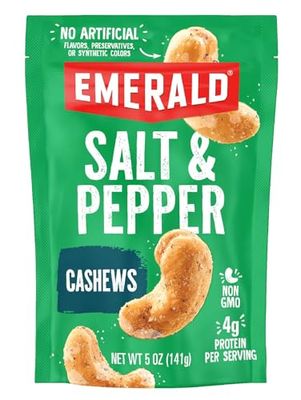 Emerald Nuts Salt and Pepper Seasoned Cashews (1-Pack), 5oz Resealable Bag, Kosher Certified, Non-GMO, Contains No Artificial Preservatives, Flavors or Synthetic Colors
