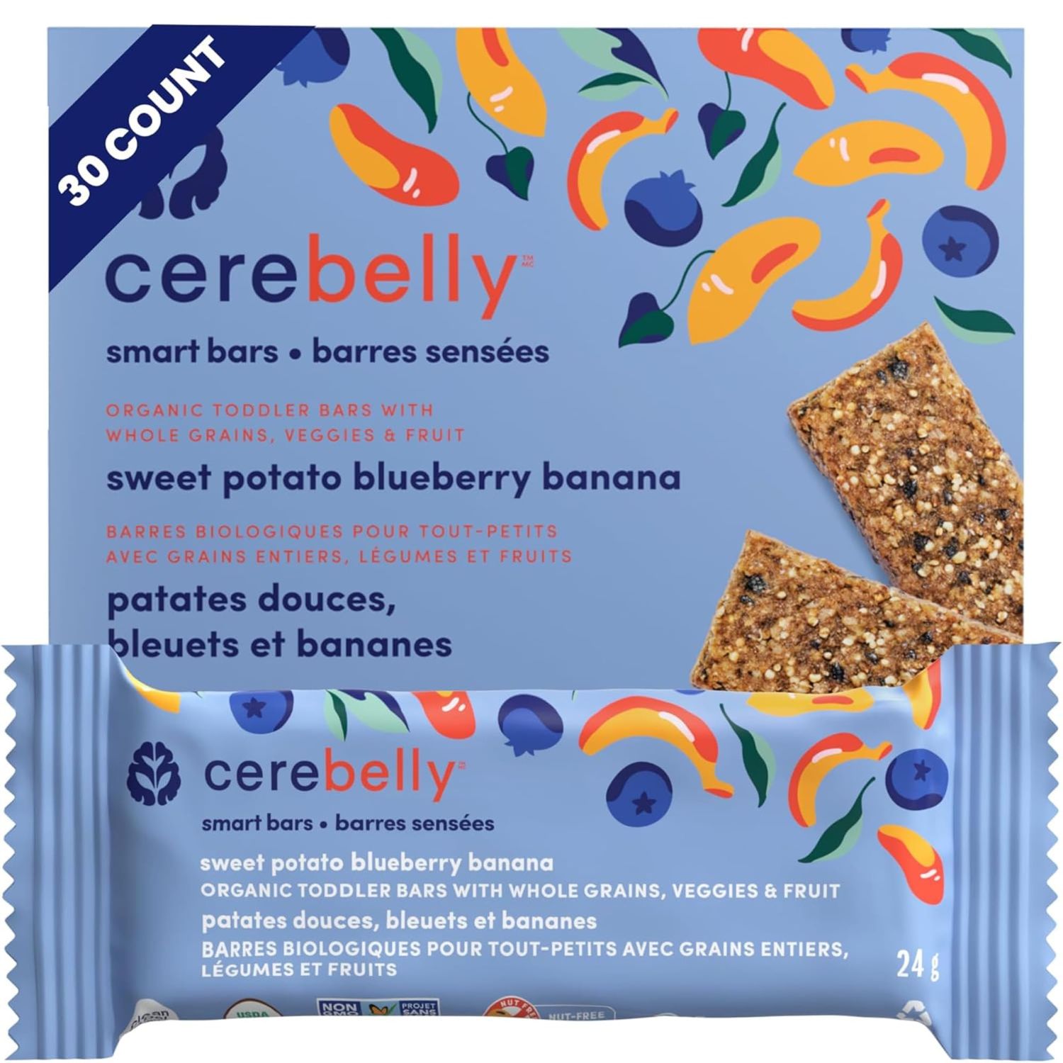 Cerebelly Toddler Snack Bars  Organic Sweet Potato Blueberry Banana Smart Bars  Healthy Snack Bars for Kids  16 Brain-supporting Nutrients, Gluten Free, Nut Free, No Added Sugar  Pack of 30