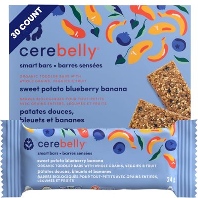 Cerebelly Toddler Snack Bars  Organic Sweet Potato Blueberry Banana Smart Bars  Healthy Snack Bars for Kids  16 Brain-supporting Nutrients, Gluten Free, Nut Free, No Added Sugar  Pack of 30
