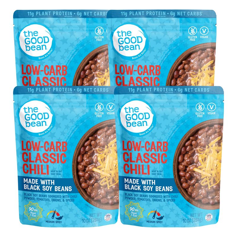 The Good Bean Heat and Eat Pouch - Low-Carb Classic Chili - (4 Pack) 10 oz Pouch - Simmered Black Soybeans with Chili Powder - Pre-Cooked Beans with Good Source of Plant Protein and Fiber