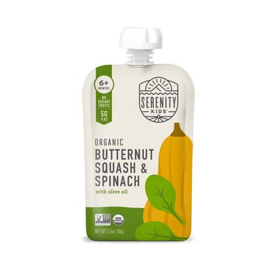Serenity Kids 6 Months USDA Organic Veggie Puree Baby Food Pouches  No Sugary Fruits or Added Sugar  Allergen Free  3.5 Ounce BPA-Free Pouch  Butternut Squash &amp; Spinach  1 Count