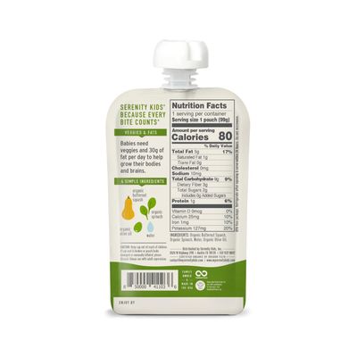 Serenity Kids 6 Months USDA Organic Veggie Puree Baby Food Pouches  No Sugary Fruits or Added Sugar  Allergen Free  3.5 Ounce BPA-Free Pouch  Butternut Squash &amp; Spinach  1 Count
