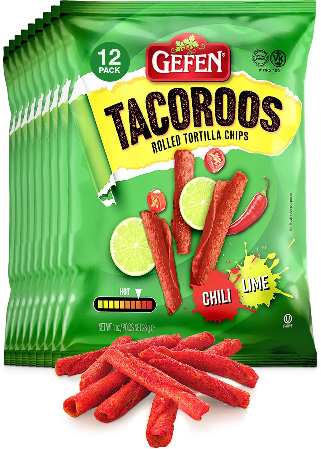 Gefen Chili Lime Tacoroos, Rolled Tortilla Chips, 1oz (12 Pack)  Crunchy &amp; Spicy Chips  Extreme Heat